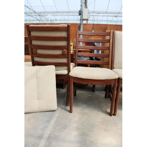 2829 - A SET OF FOUR RETRO TEAK WHITE AND NEWTON DANISH STYLE UPHOLSTERED AND LADDER-BACK DINING CHAIRS