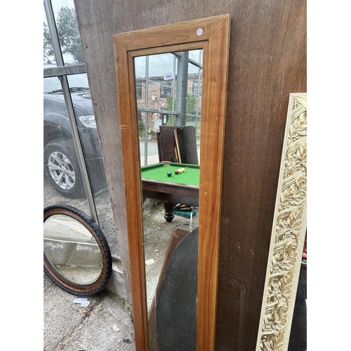 2843 - AN OVAL MAHOGANY AND INLAID MIRROR, OAK FRAMED MIRROR AND PINE FRAMED MIRROR