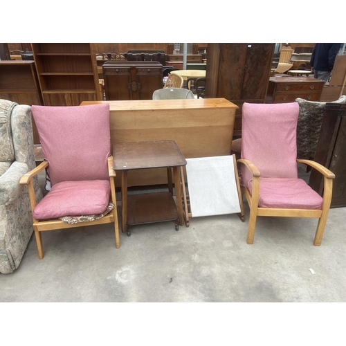 2904 - TWO SIMILAR 1950s FIRESIDE CHAIRS, BACK REST AND TV TABLE