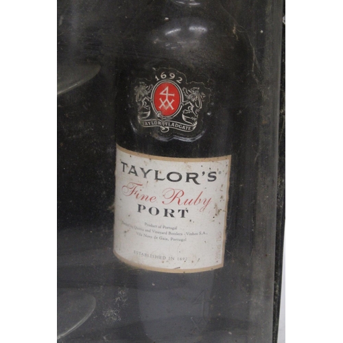 380 - A BOXED 75 CL BOTTLE OF TAYLOR'S FINE RUBY PORT WITH TWO GLASSES