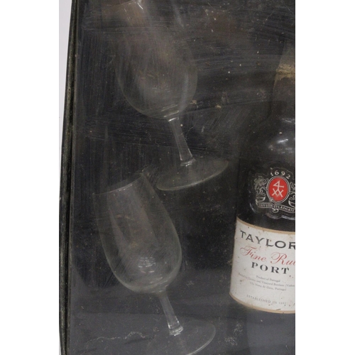 380 - A BOXED 75 CL BOTTLE OF TAYLOR'S FINE RUBY PORT WITH TWO GLASSES