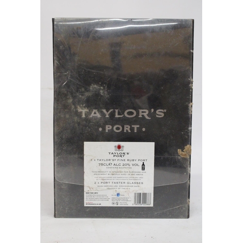 380 - A BOXED 75 CL BOTTLE OF TAYLOR'S FINE RUBY PORT WITH TWO GLASSES