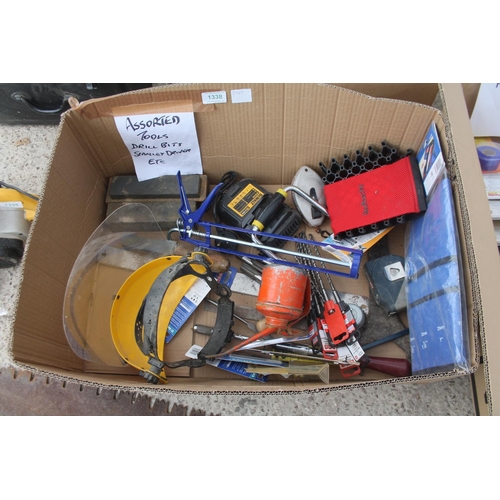 1338 - BOX OF ASSORTED TOOLS, DRILL BITS ETC. IN WORKING ORDER  + VAT