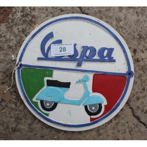 28 - NEW CAST IRON VESPA SIGN  NO VAT