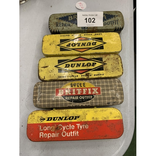 102 - FIVE VINTAGE DUNLOP, BRITFIX AND BRITANNIA CYCLE REPAIR KITS WITH CONTENTS