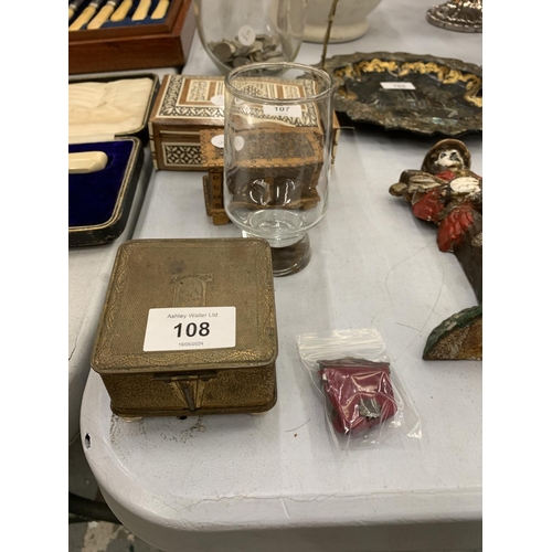 108 - FOUR MASONIC ITEMS TO INCLUDE TWO BADGES - ONE 925 SILVER, A BOX AND COMMEMORATIVE GLASS