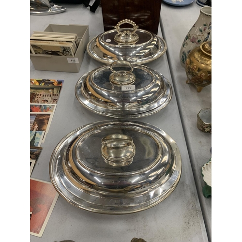 111 - THREE HEAVY SILVER PLATED, LIDDED SERVING DISHES