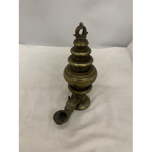 114 - A BRASS HANGING TEMPLE LAMP, HEIGHT 24CM