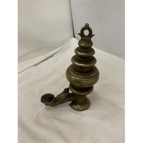 114 - A BRASS HANGING TEMPLE LAMP, HEIGHT 24CM