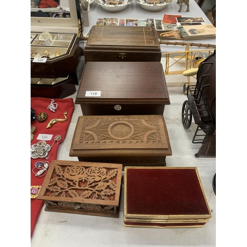 119 - FIVE VINTAGE WOODEN JEWELLERY BOXES