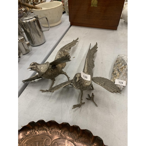 135 - TWO VINTAGE SILVER METAL PHEASANTS (ONE A/F)