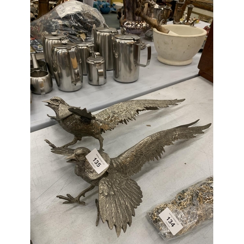 135 - TWO VINTAGE SILVER METAL PHEASANTS (ONE A/F)