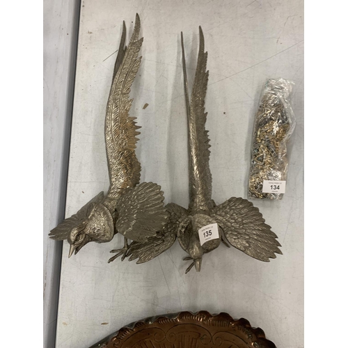 135 - TWO VINTAGE SILVER METAL PHEASANTS (ONE A/F)