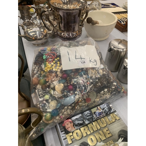 138 - A 14 KG BAG OF VINTAGE COSTUME JEWELLERY