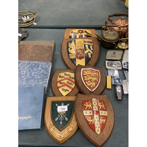 144 - SIX ARMORIAL SHIELDS TO INCLUDE 