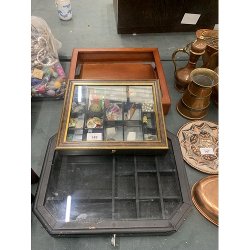 148 - THREE DISPLAY CASES ONE WITH CONTENTS TO INCLUDE BADGES, STAMPS, JEWELLERY, ETC.,