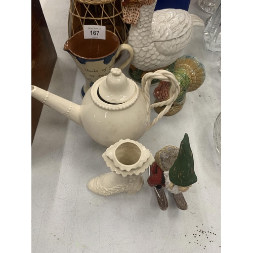 167 - A QUANTITY OF ITEMS TO INCLUDE A BOXED DAVID WINTERS COTTAGES, A GLASS JUG, TEAPOT, BIRD FIGURES, MO... 