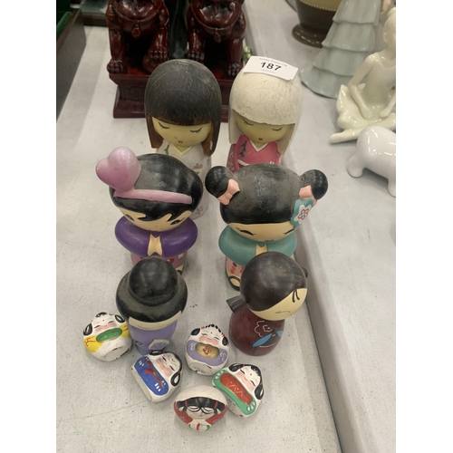 187 - A COLLECTION OF SIX KOKESHI DOLLS PLUS FIVE SMALL ONES