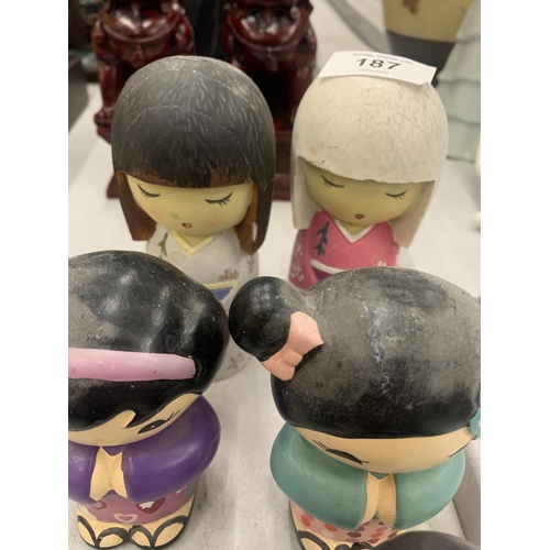 187 - A COLLECTION OF SIX KOKESHI DOLLS PLUS FIVE SMALL ONES