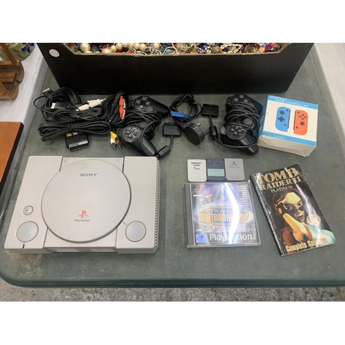 190 - A PLAYSTATION ONE CONSOLE, TWO CONTROLLERS, LEADS, THREE MEMORY CARDS, A WIRELESS GAME CONTROLLER, G... 