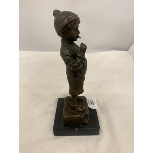 200 - A BRONZE BOY SMOKING A CIGAR ON A MARBLE BASE - SIGNED