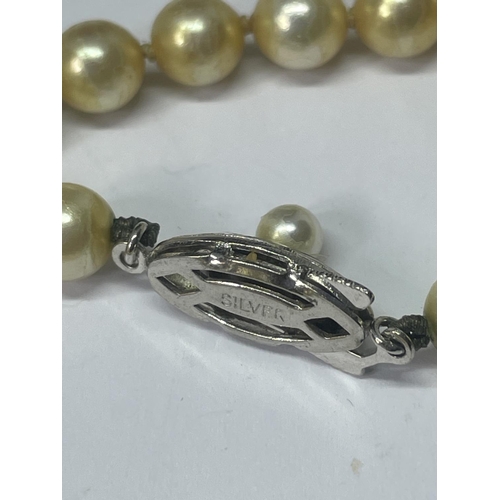 550 - A STRING OF PEARLS WITH A MARKED SILVER CLASP