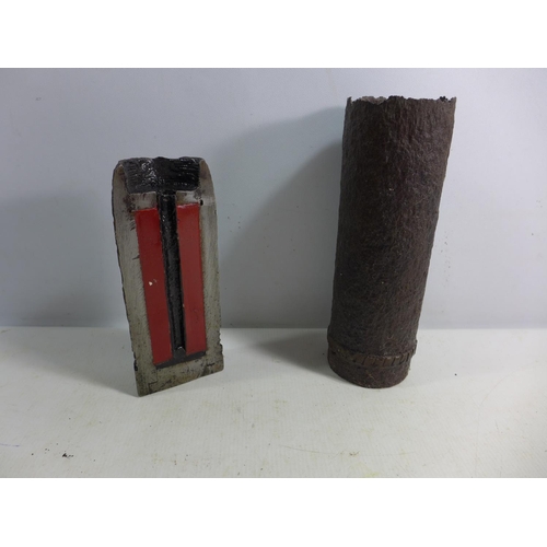 384 - TWO WORLD WAR I INERT SHELLS ONE A SECTION CUT OUT EXAMPLE HEIGHTS 18 AND 22CM