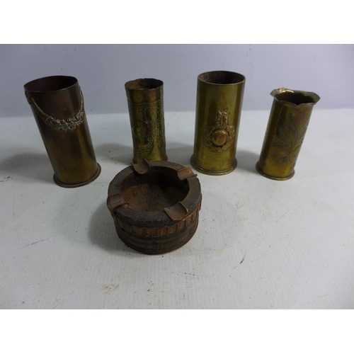 395 - FIVE WORLD WAR I TRENCH ART ITEMS HEIGHT OF SHELLS FROM 9.5CM