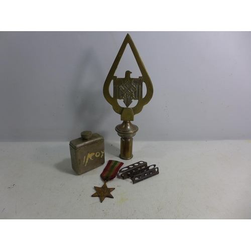 397 - A 1952 OIL BOTTLE, WORLD WAR II ITALY STAR AND A BRASS FLAG FINIAL ETC