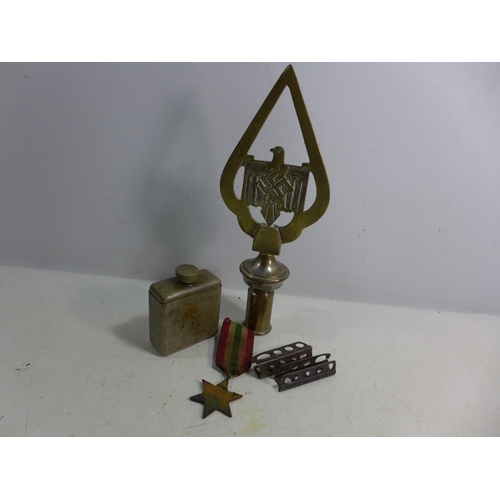 397 - A 1952 OIL BOTTLE, WORLD WAR II ITALY STAR AND A BRASS FLAG FINIAL ETC