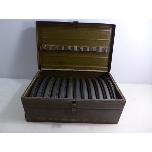 402 - A GREEN PAINTED 303 BREN GUN MAGAZINE BOX WITH TWELVE MAGAZINES