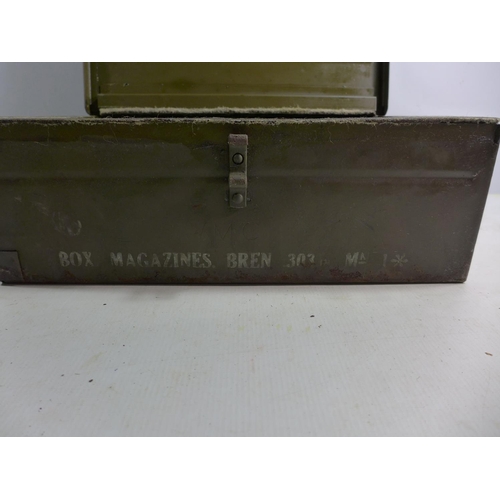 402 - A GREEN PAINTED 303 BREN GUN MAGAZINE BOX WITH TWELVE MAGAZINES