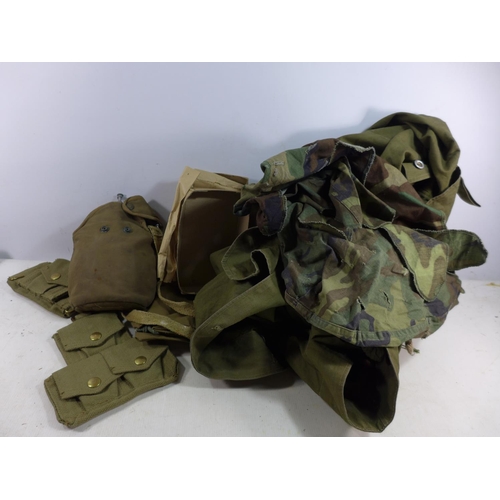 415 - A COOLECTION OF MILITARY CLOTHING, WATER BOTTLE, POUCHES AND A CAPE