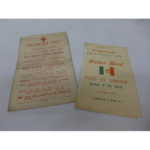 427 - A FRANCE'S DAY PROGRAMME DATED 1917 AND AN ITALIAN BAND DATED 1918