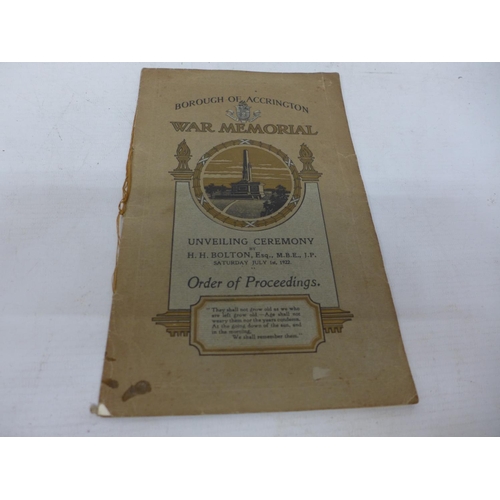 428 - A BOROUGH AND ACCRINGTON 1922 WAR MEMORIAL PROGRAMME