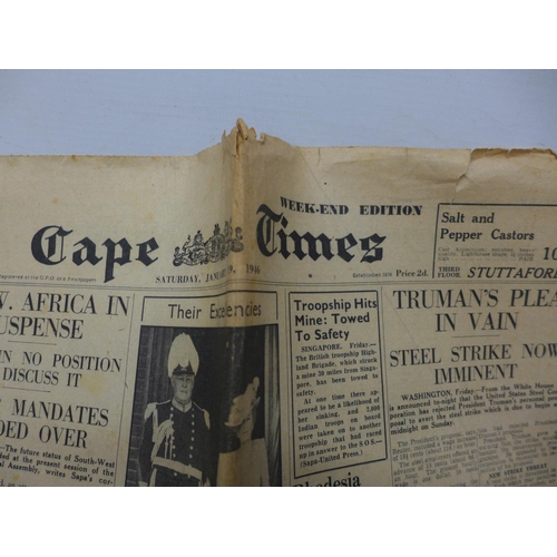 437 - TWO WORLD WAR II NEWSPAPERS TO INCLUDE SOUTH AFRICA 1946 AND THE SUN AUSTRALIA 1945