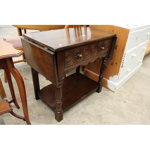 2688 - AN OAK JACOBEAN STYLE DROP-LEAF SIDE-TABLE WITH SINGLE DRAWER