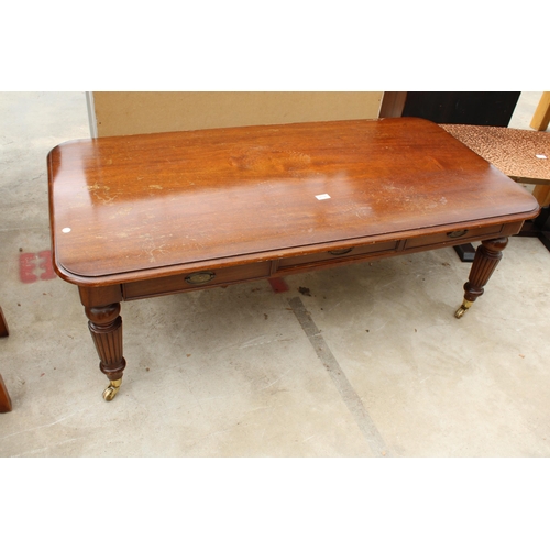 2692 - A MAHOGANY VICTORIAN STYLE COFFEE TABLE ON TURNED AND FLUTED LEGS WITH THREE DRAWERS, 54