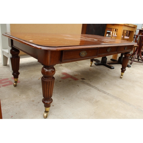 2692 - A MAHOGANY VICTORIAN STYLE COFFEE TABLE ON TURNED AND FLUTED LEGS WITH THREE DRAWERS, 54