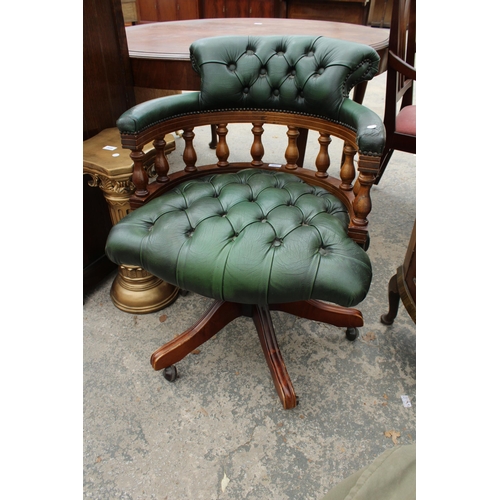 2697 - A GREEN LEATHER CHESTERFIELD CAPTAINS CHAIR BEARING RING MEKANIKK STAMP