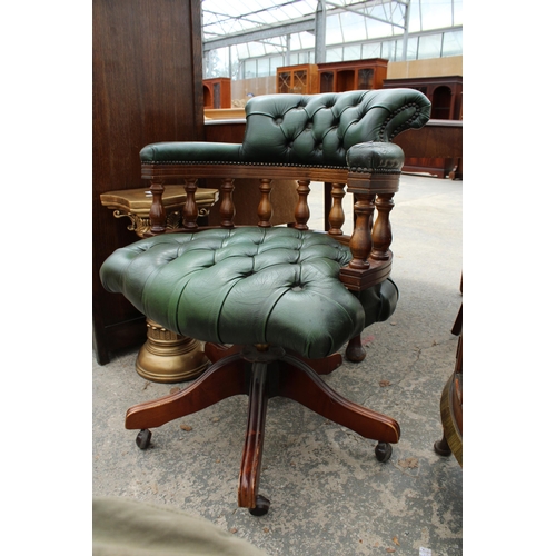 2697 - A GREEN LEATHER CHESTERFIELD CAPTAINS CHAIR BEARING RING MEKANIKK STAMP