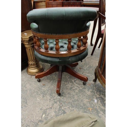 2697 - A GREEN LEATHER CHESTERFIELD CAPTAINS CHAIR BEARING RING MEKANIKK STAMP