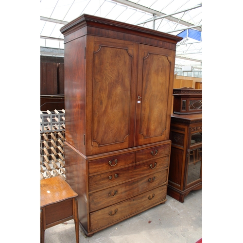 2705 - A 19TH CENTURY MAHOGANY PRESS CUPBOARD WITH TWO SHORT AND THREE LONG GRADUATED DRAWERS TO BASE AND D... 