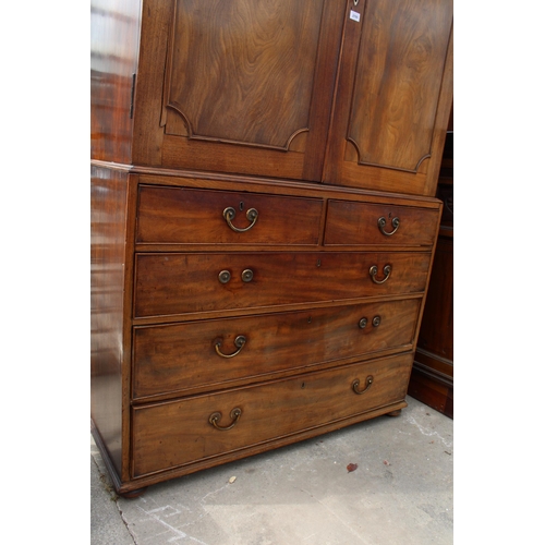 2705 - A 19TH CENTURY MAHOGANY PRESS CUPBOARD WITH TWO SHORT AND THREE LONG GRADUATED DRAWERS TO BASE AND D... 