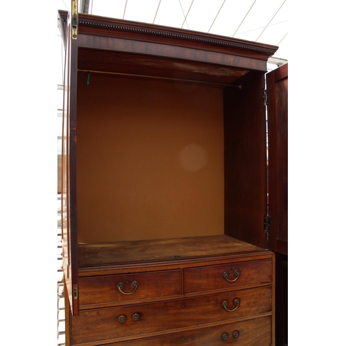 2705 - A 19TH CENTURY MAHOGANY PRESS CUPBOARD WITH TWO SHORT AND THREE LONG GRADUATED DRAWERS TO BASE AND D... 