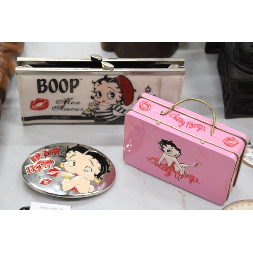 213 - THREE BETTY BOOP ITEMS TO INCLUDE A PURSE, TIN AND BELT BUCKLE