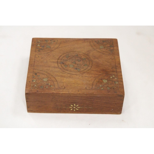 220 - A VINTAGE HARDWOOD BOX WITH JEWELLERY AND COINS