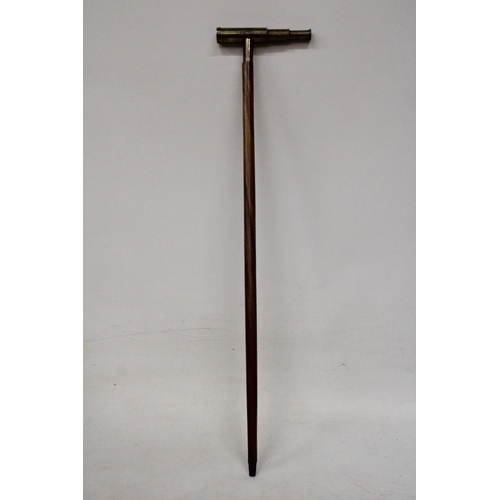 237 - A BRASS AND LEATHER THREE DRAWER TELESCOPE WALKING STICK