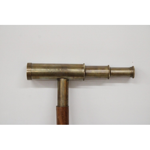 237 - A BRASS AND LEATHER THREE DRAWER TELESCOPE WALKING STICK