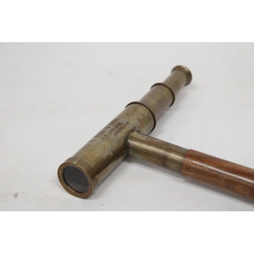 237 - A BRASS AND LEATHER THREE DRAWER TELESCOPE WALKING STICK